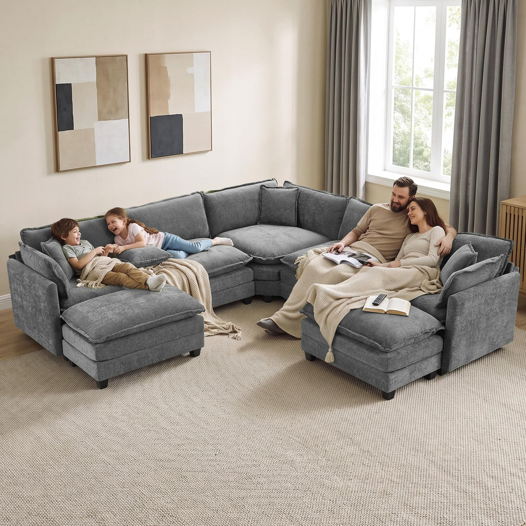 113" V-Shaped Cloud Couch, Modular Sectional for Living Room, Light Grey