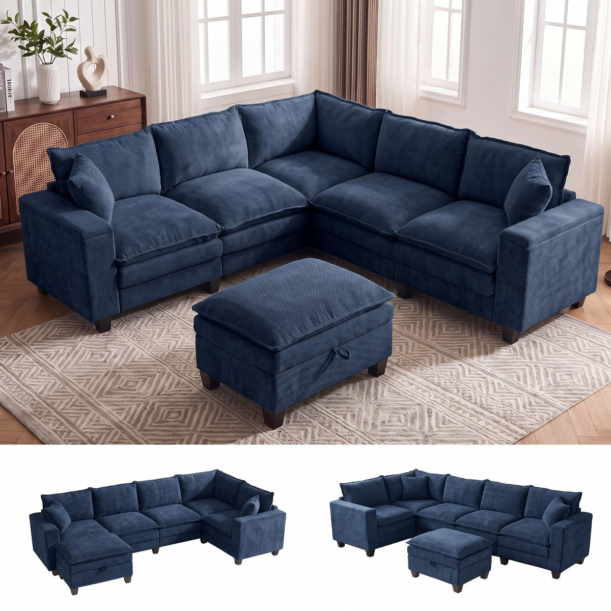 V Shaped Modular Sectional Couch with Storage Ottoman, Beige