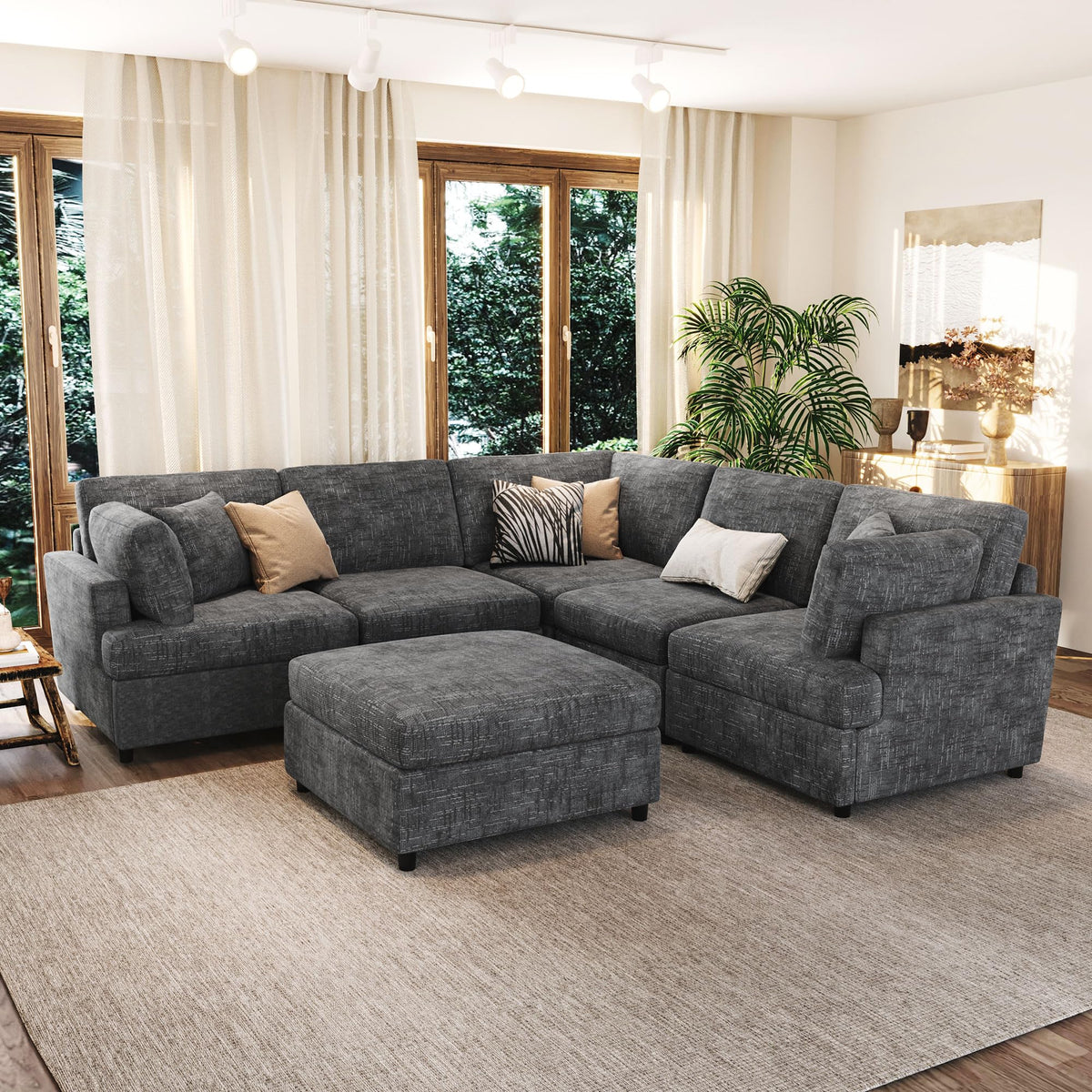 127" U Shaped Sectional Sofa with Movable Ottoman, 6 Chenille Fabric Sofa Set, Convertible Modular Corner Couch with Sturdy Pine Wood Frame, for Large Living Room and Apartment UC61