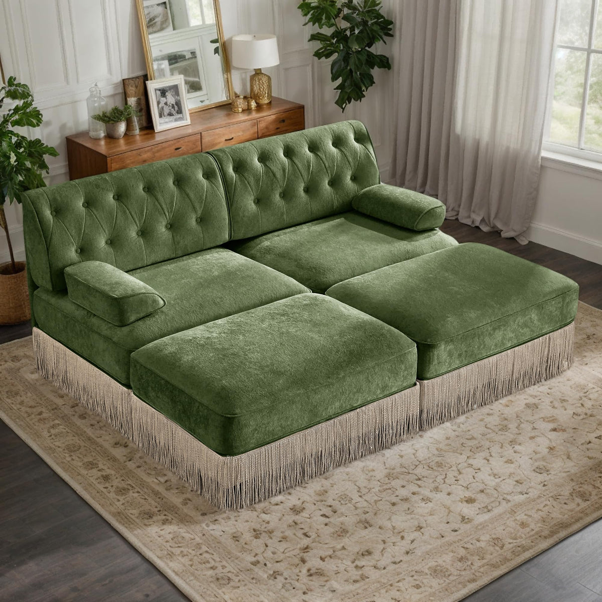 106'' Modern Chesterfield Style 3-Seater Sofa with 2 Ottoman, Upholstered Velvet Modular Sectional Sofa with Button Tufted, U Shape Deep Seat Cloud Sectional Couches for Living Room (Green)