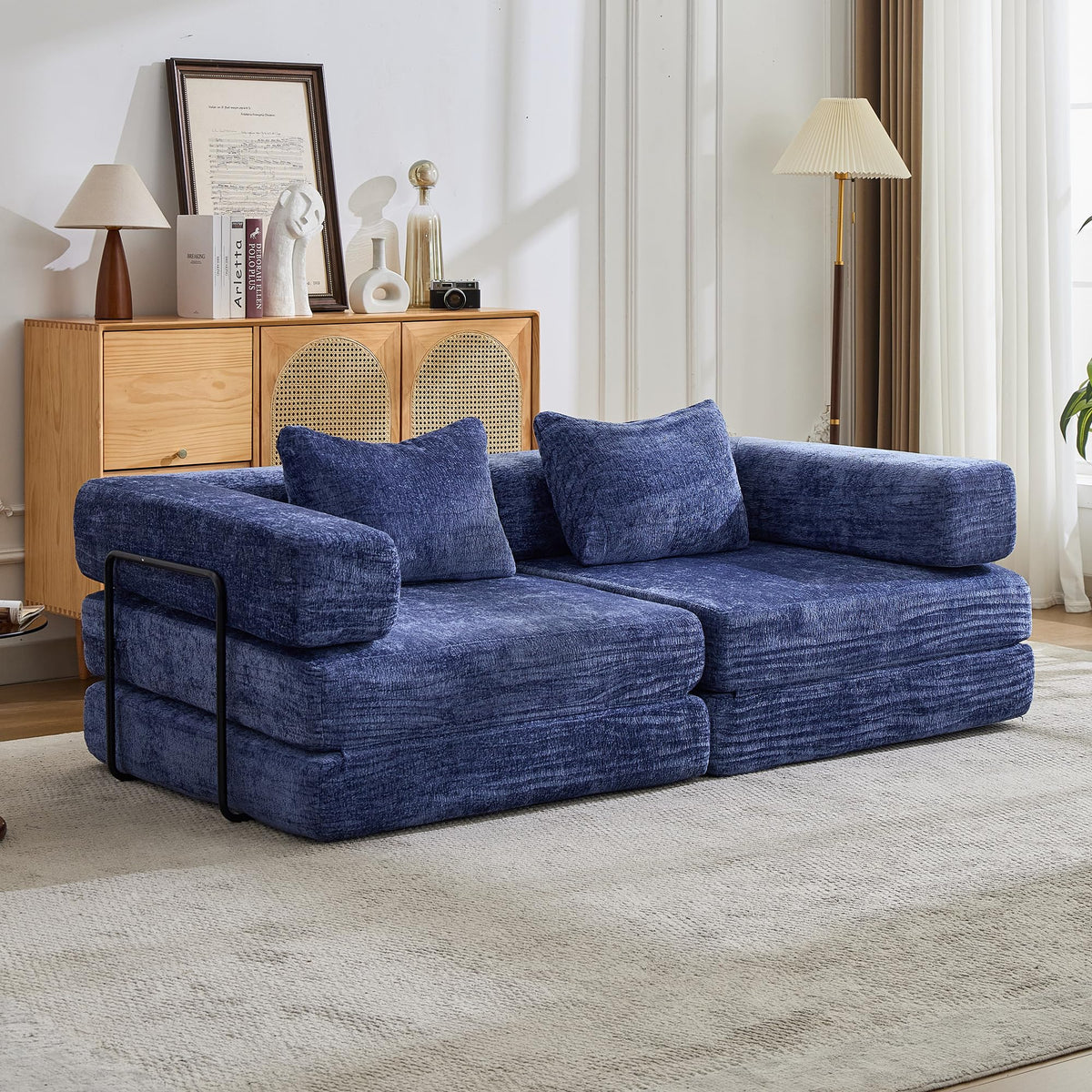 Tidyard Compression Sofa Bed, Convertible Floor Sofa with Fixed Frame, No Assembly Needed, Chenille Fabric Modular Loveseat, Dark Blue for Living Room & Bedroom