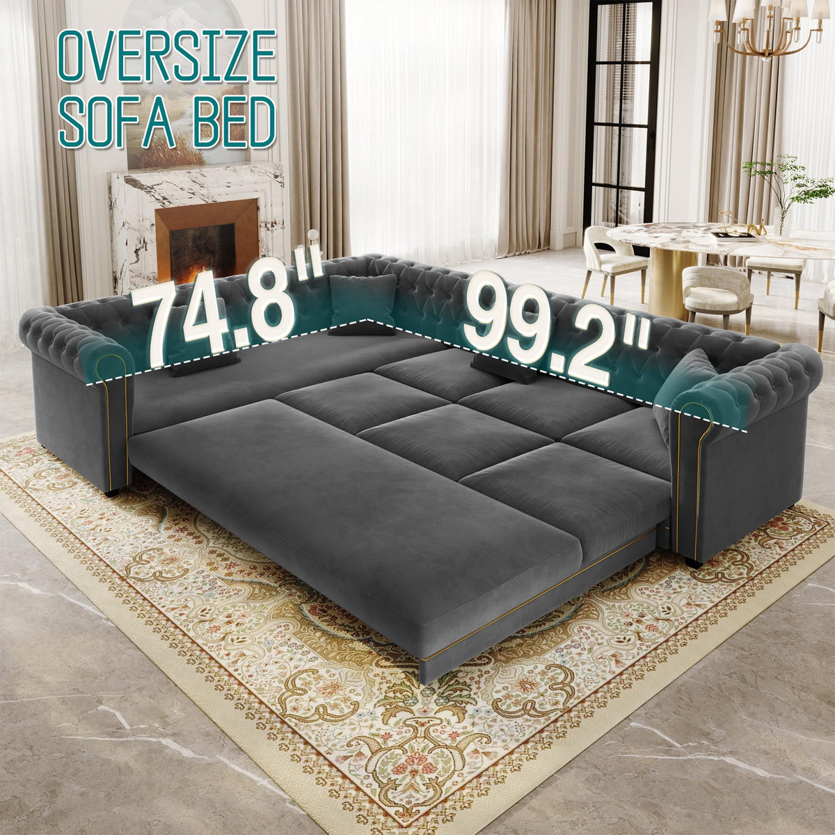 115'' Velvet L-Shaped Convertible Button Tufted Sleeper Sofa Couch, Luxury Oversized Pull-Out Sofa Bed with Gold Trim Rolled Arms and Throw Pillows for Living Room