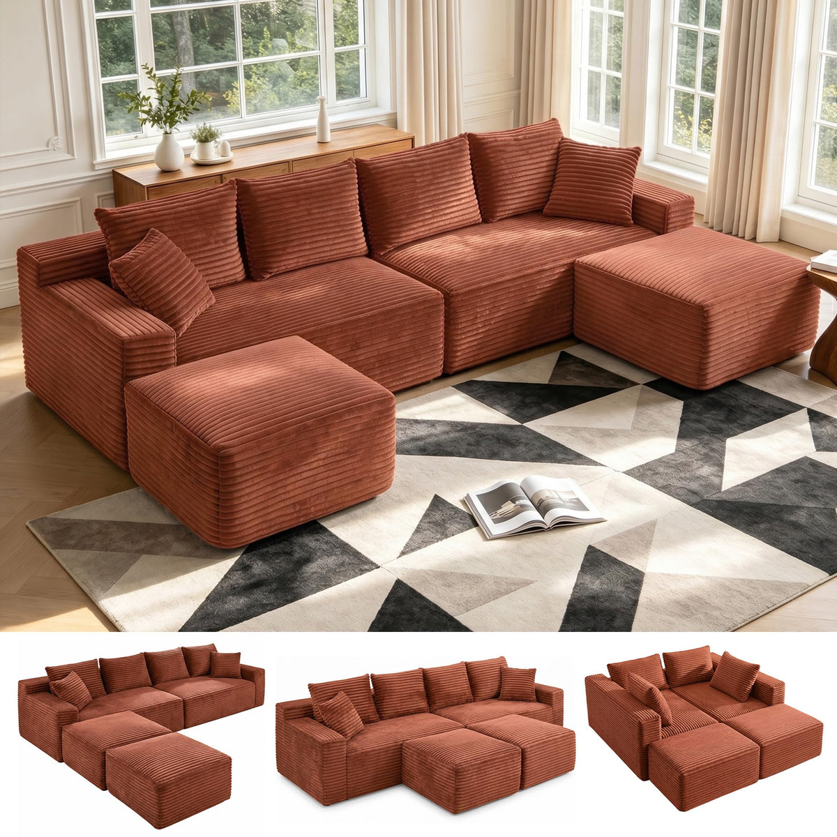 127" U-Shaped Boneless Sofa with Center Console for Living Room, Brown