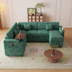 100" Modular Sectional Sleeper Sofa with Pull Out Bed/Side Table/USB Charging/Storage Chaise, Comfy Convertible Cloud Couch, U Shaped 7 Seat Corduroy Sofa with Cup Holders,Green
