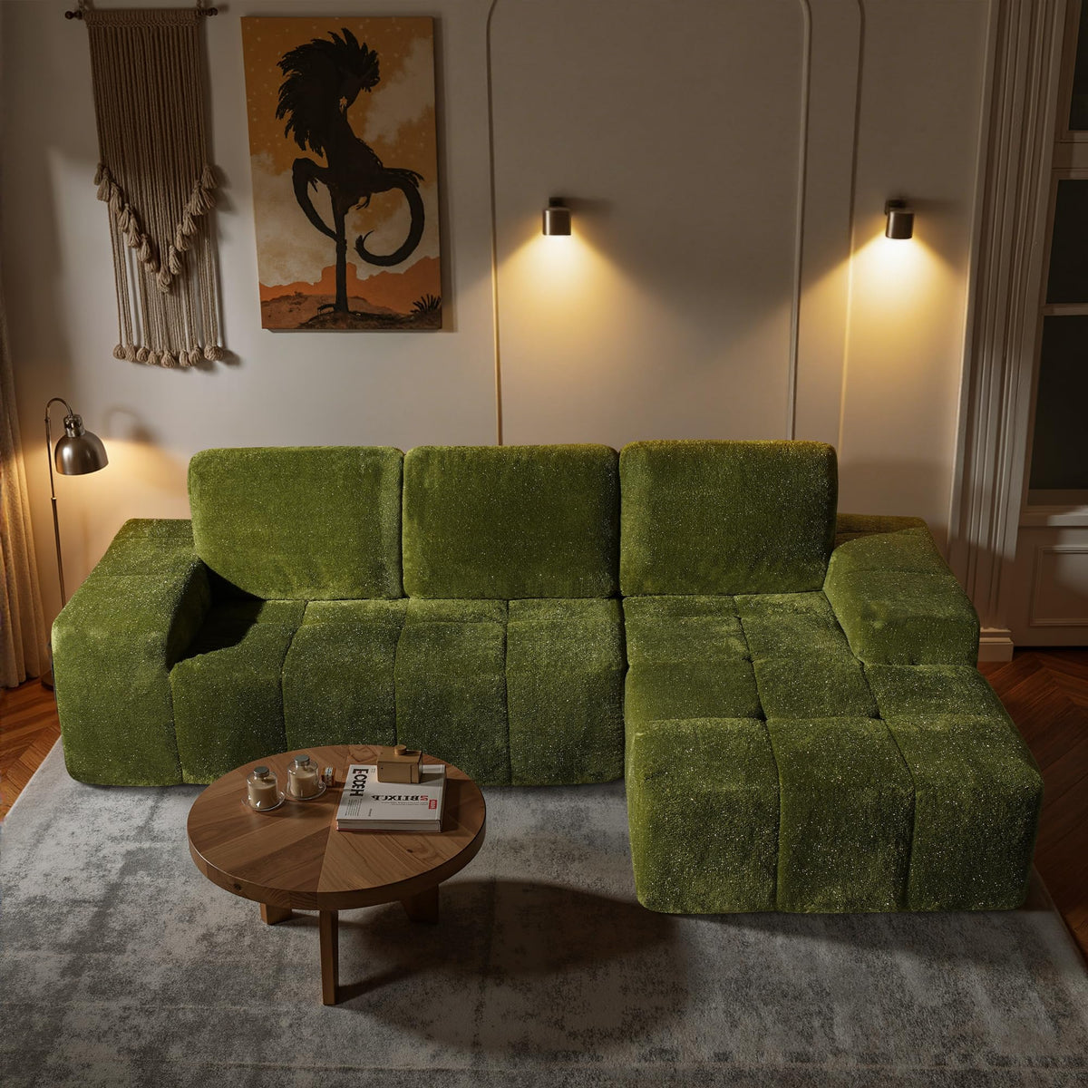 104" L-Shape Modular Sectional Sofa Couch,Comfy Upholstered Cloud Couch for Living Room,Modern Minimalist Couches,Deep Seat,No Assembly Required (Black,Plush Corduroy, Right Facing Chaise w/Ottoman)
