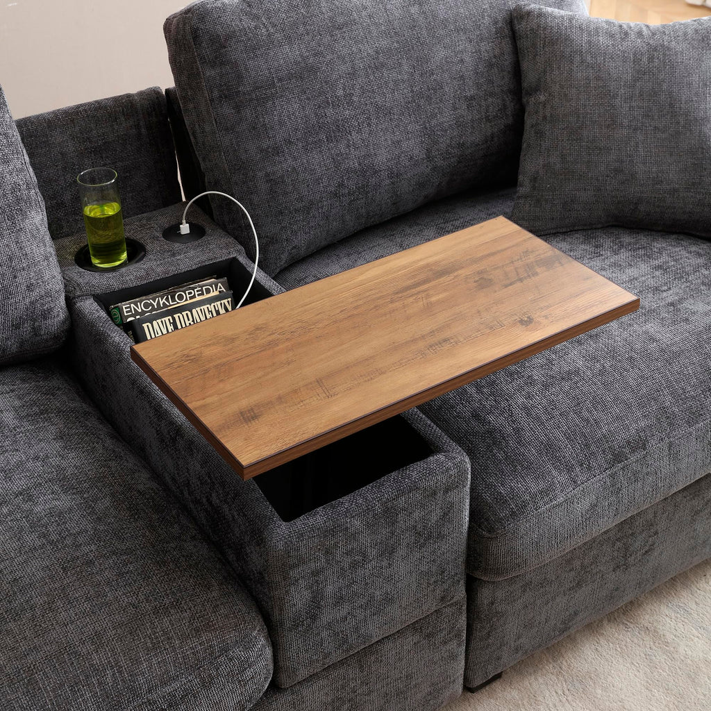 120.3" Modular Sectional Sofa, Oversized Comfy Cloud Couch, 4 Seater L Shaped Couch with Storage Armrest, Ottoman, USB Ports, Cup Holder, Table, Modern Linen Couches for Living Room, Gray
