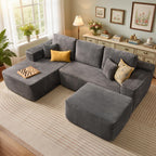 106" Cloud Sectional Couch with L-Shape Chaise & Ottoman, No Assembly Modular Sofa, Deep Seat Plush Corduroy Boneless Couched for Living Room (Black Plush Corduroy, L Shape with Ottoman-Left Facing)