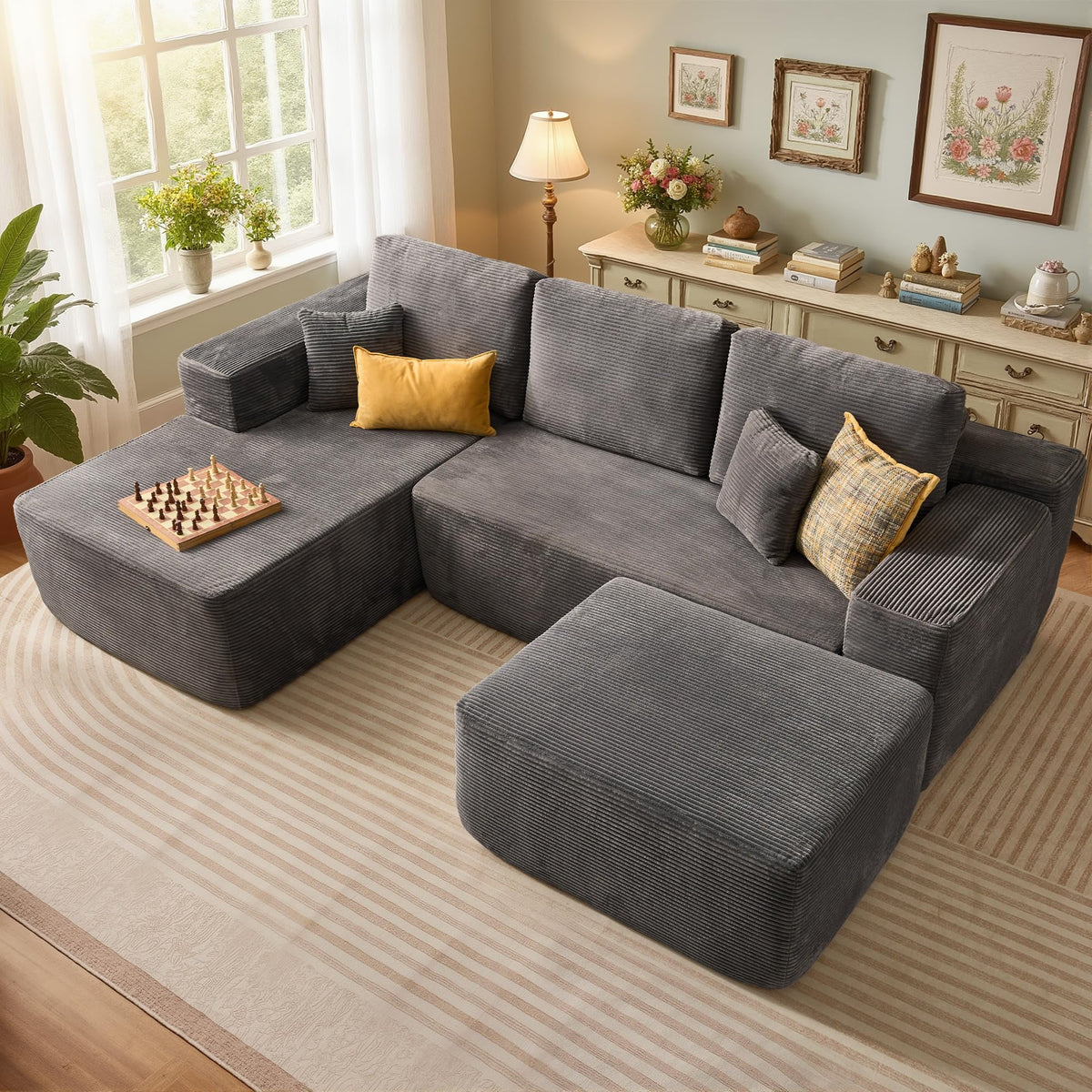 106" Cloud Sectional Couch with L-Shape Chaise & Ottoman, No Assembly Modular Sofa, Deep Seat Plush Corduroy Boneless Couched for Living Room (Black Plush Corduroy, L Shape with Ottoman-Left Facing)