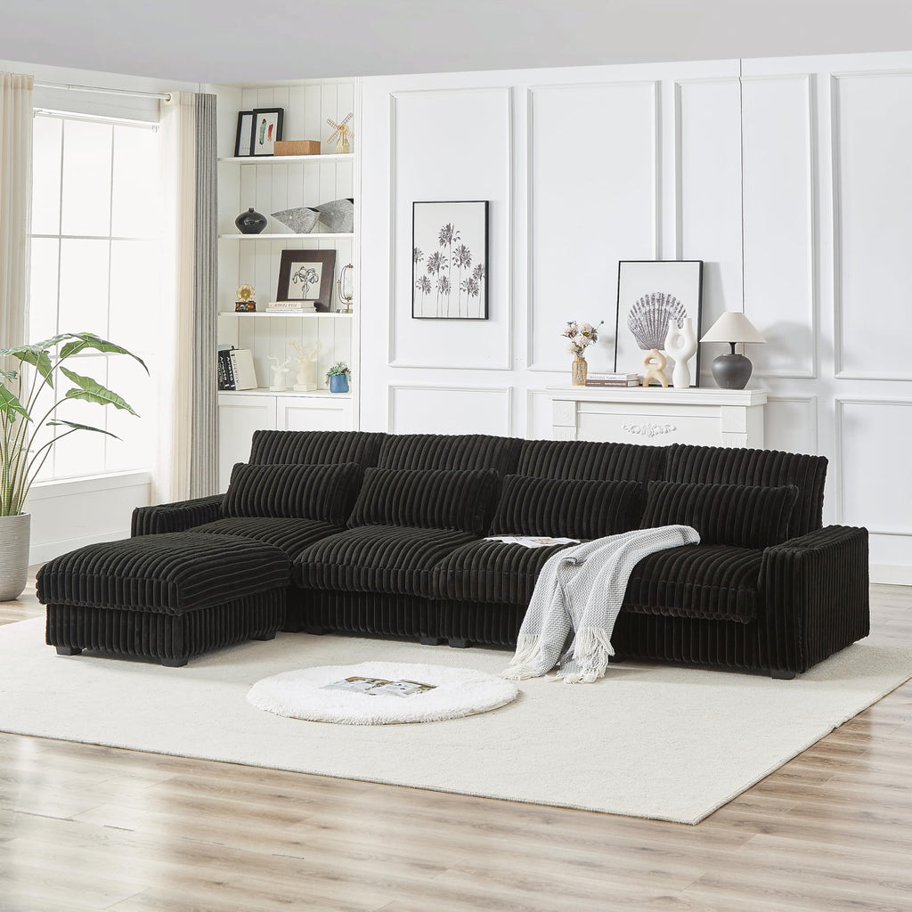 126 inch Corduroy with Cup Holder Super Large L Shaped Sofa, Movable Footrest, Four Waist Pillows and Four Back Cushion, with USB Port and Type C Port AH915