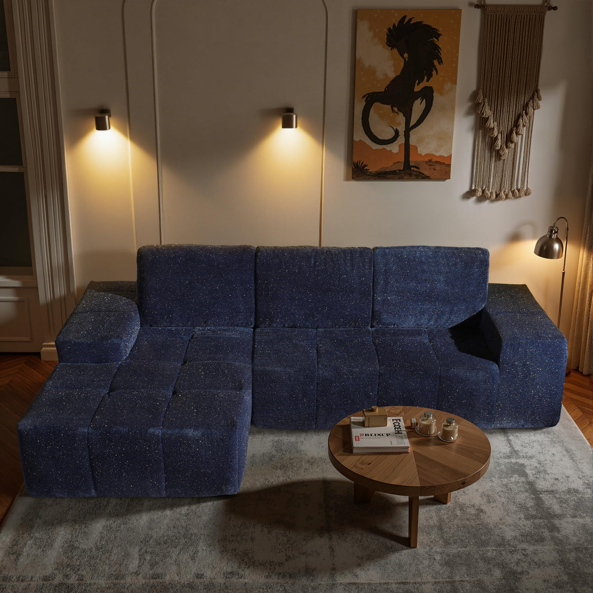 104" L-Shape Modular Sectional Sofa Couch,Comfy Upholstered Cloud Couch for Living Room,Modern Minimalist Couches,Deep Seat,No Assembly Required (Black,Plush Corduroy, Right Facing Chaise w/Ottoman)