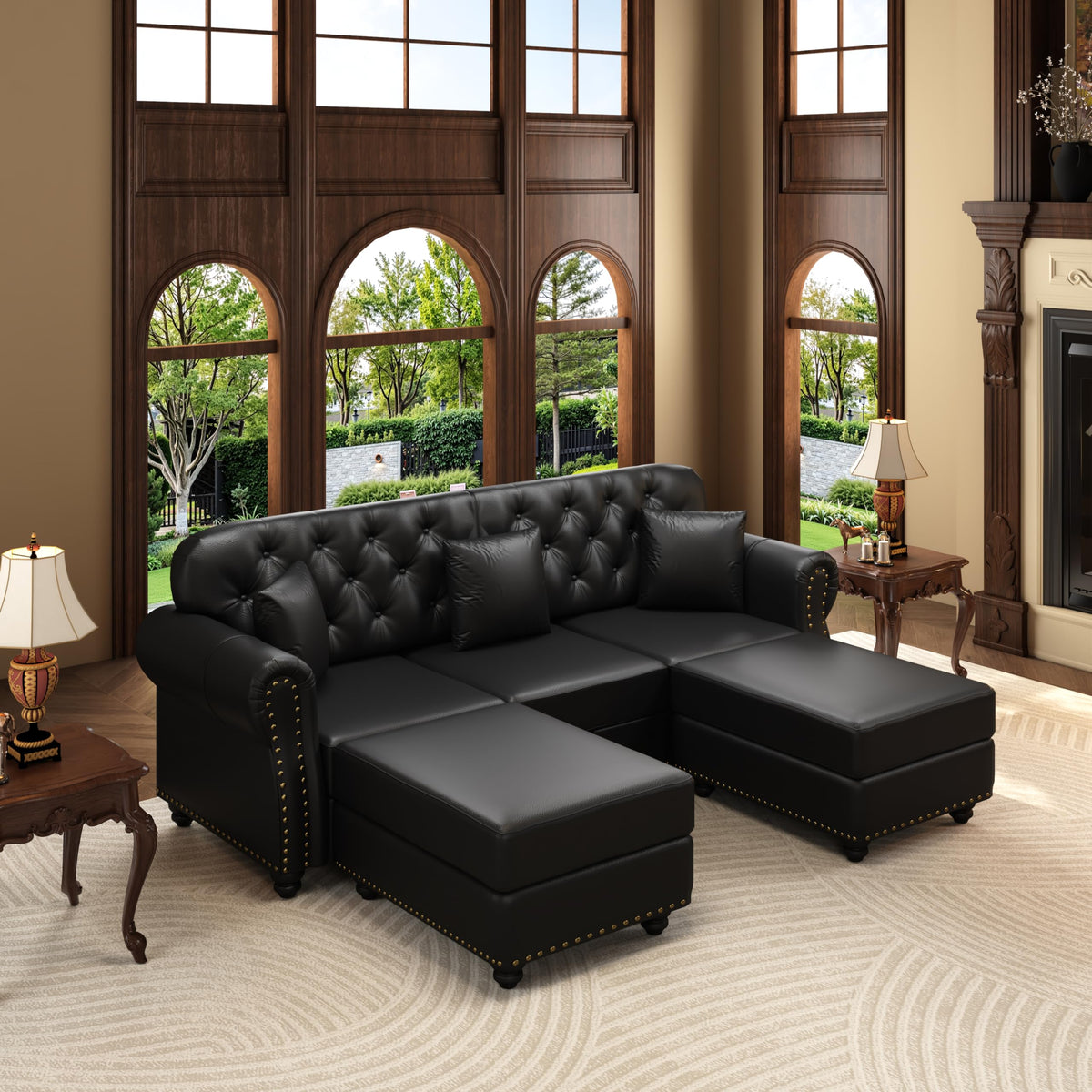 Velvet Chesterfield Sofa with Rolled Arms & Nailhead Trim, Modular Sectional Sofa Couches, Modern Cloud Sofa with Button Tufted, for Living Room, Bedroom, Small Space