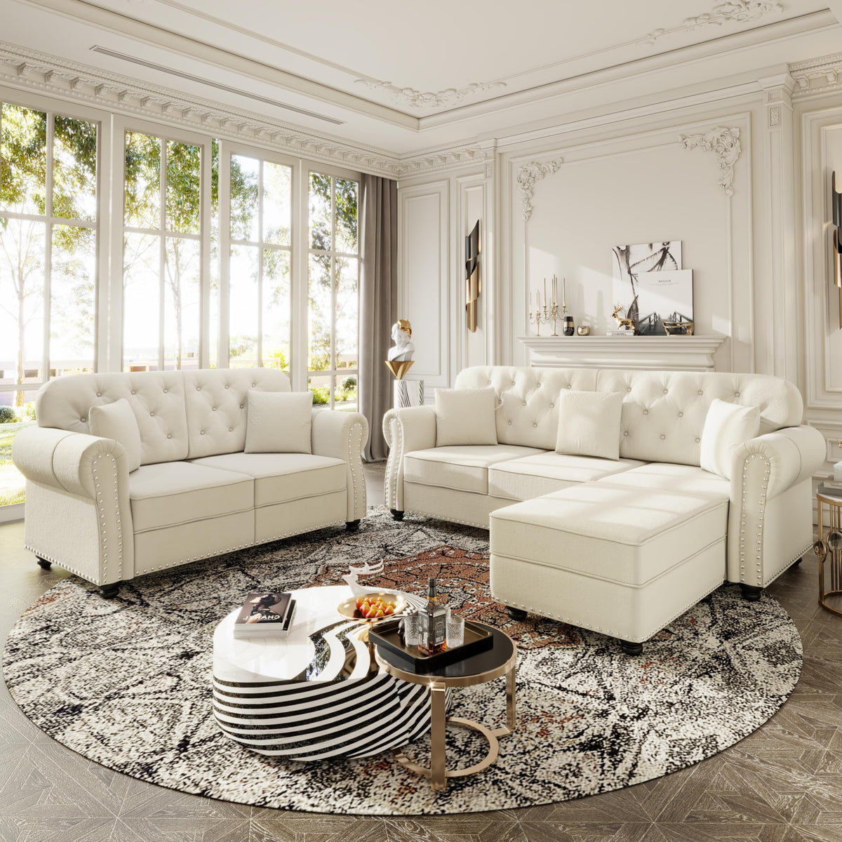 Velvet Chesterfield Sofa with Rolled Arms & Nailhead Trim, Modular Sectional Sofa Couches, Modern Cloud Sofa with Button Tufted, for Living Room, Bedroom, Small Space