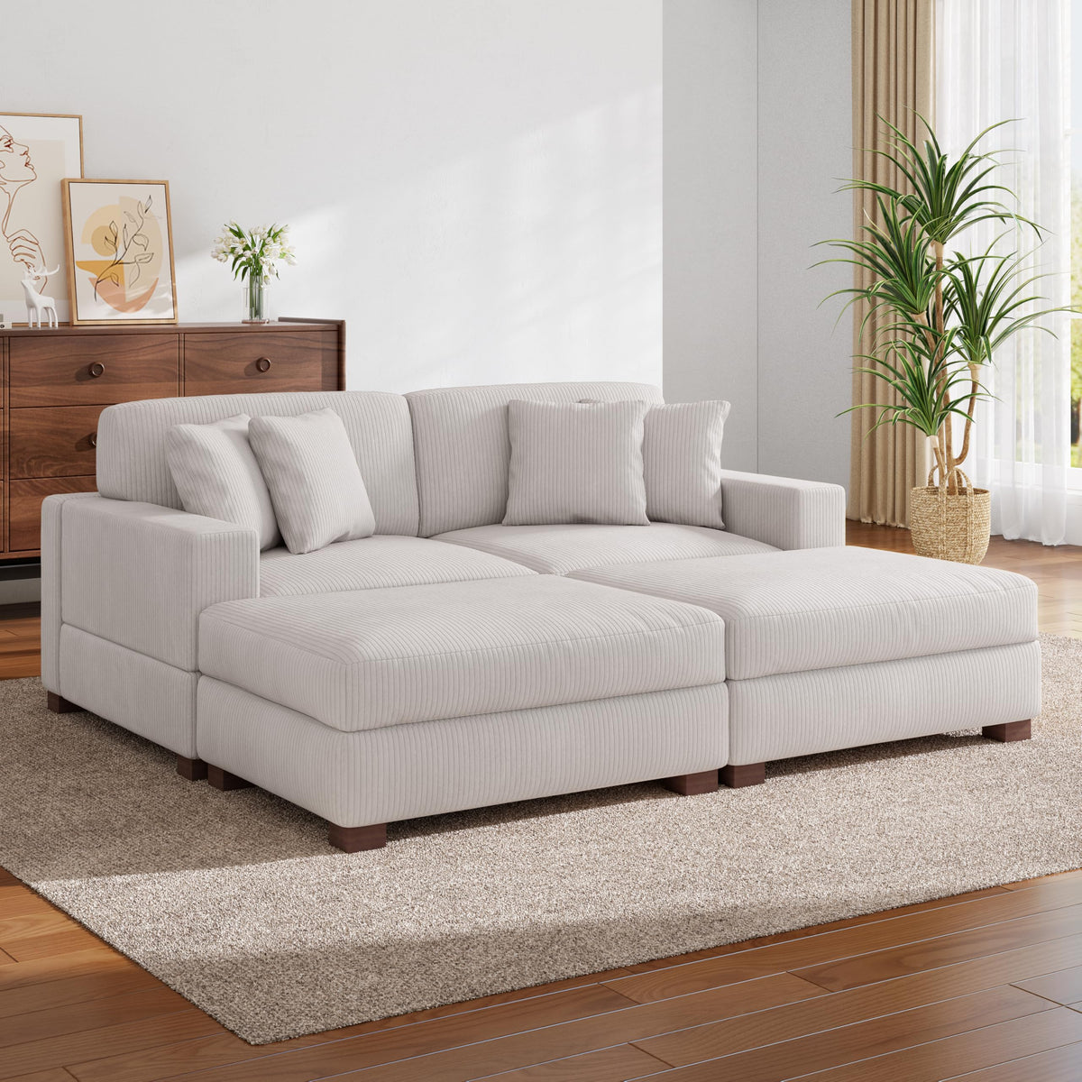 118.3" L-Shaped Modular Sectional Sofa with Chaise, Comfy Corduroy Fluffy Couch with Deep Seat, Flexible Module Combination for Living Room, Cotton Flannel Light Brown