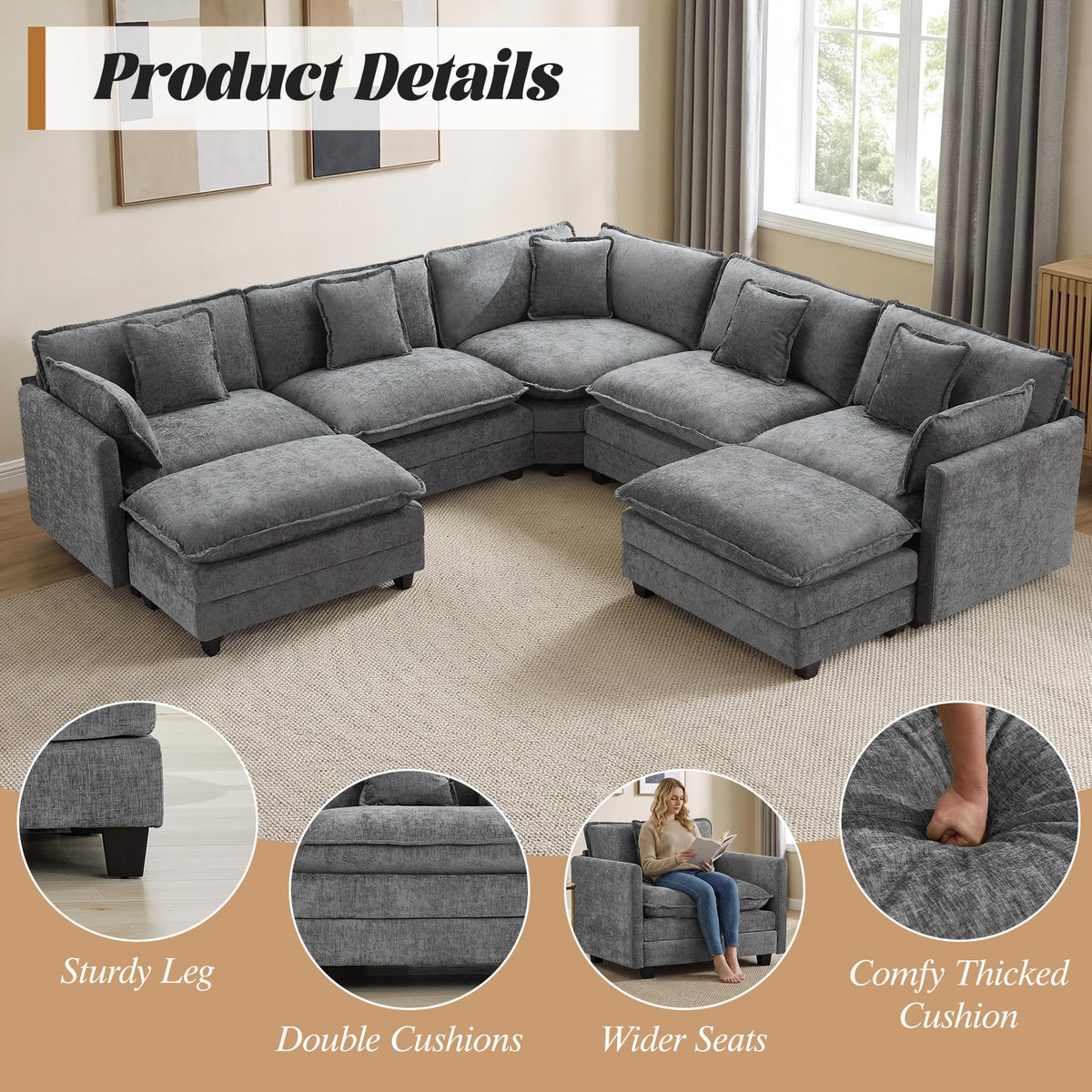 113" V-Shaped Cloud Couch, Modular Sectional for Living Room, Light Grey