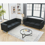 Tidyard Velvet Sofa for Living Room, 2-Piece Modern Tufted Couch with Metal Legs, Button Detail, Black Square Sectional Couch for Bedroom or Office, Stylish 3-Seater Upholstered Sofa