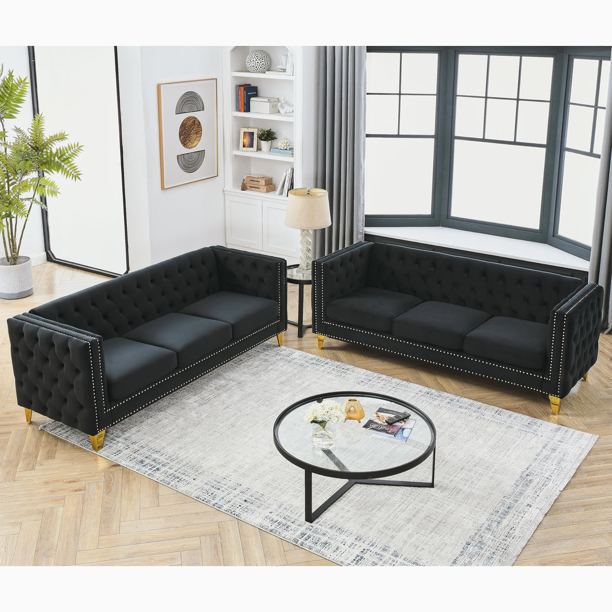 Tidyard Velvet Sofa for Living Room, 2-Piece Modern Tufted Couch with Metal Legs, Button Detail, Black Square Sectional Couch for Bedroom or Office, Stylish 3-Seater Upholstered Sofa