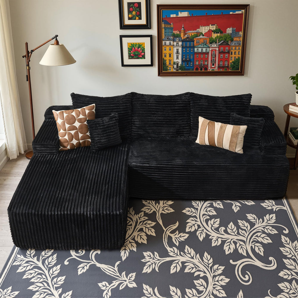 106" Cloud Sectional Couch with L-Shape Chaise & Ottoman, No Assembly Modular Sofa, Deep Seat Plush Corduroy Boneless Couched for Living Room (Black Plush Corduroy, L Shape with Ottoman-Left Facing)