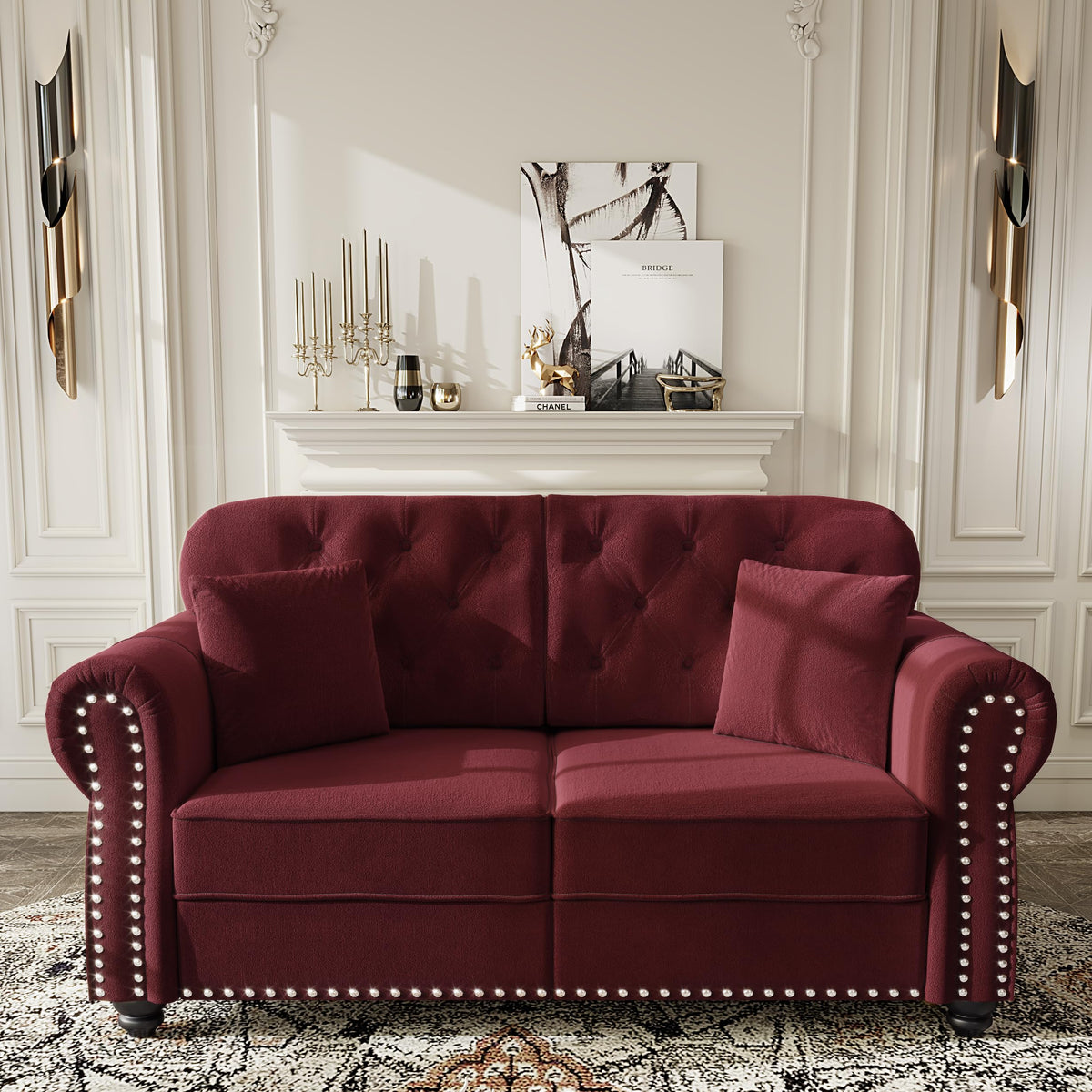 Velvet Chesterfield Sofa with Rolled Arms & Nailhead Trim, Modular Sectional Sofa Couches, Modern Cloud Sofa with Button Tufted, for Living Room, Bedroom, Small Space