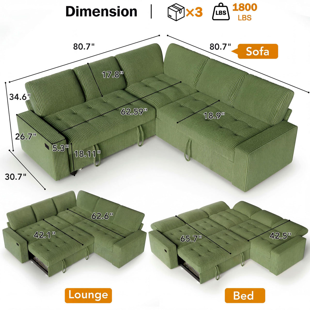 Vipbear Pull Out Sofa Bed Sectional Sleeper Sofa with Reclining Backrest & Storage, Corduroy Pullout Modular Sectional Couches with USB Charging, L Shaped Convertible Couch Bed for Apartment, Green
