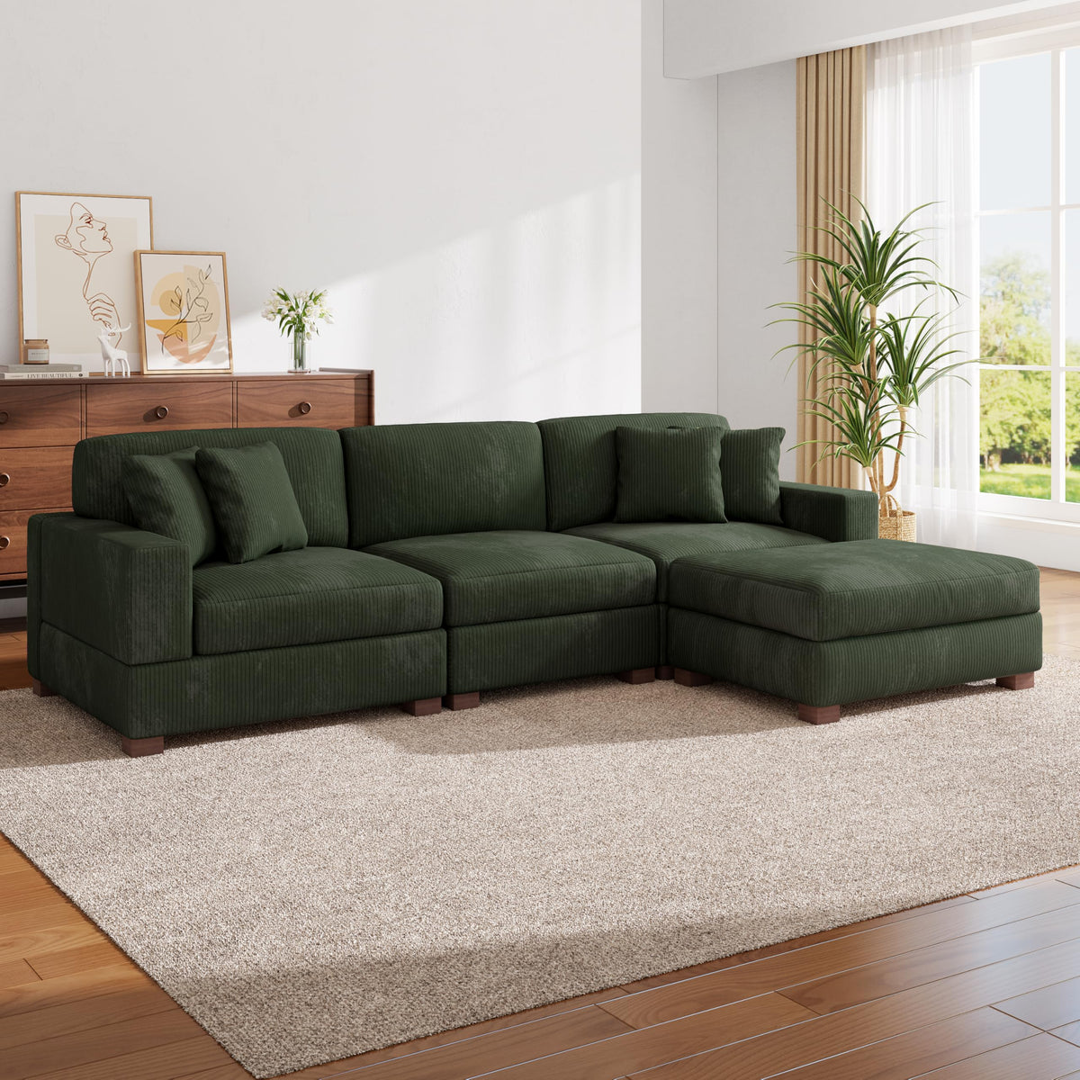 118.3" L-Shaped Modular Sectional Sofa with Chaise, Comfy Corduroy Fluffy Couch with Deep Seat, Flexible Module Combination for Living Room, Cotton Flannel Light Brown