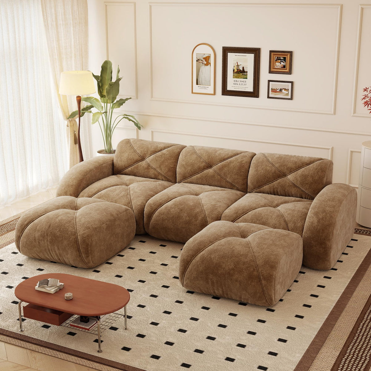 110.6" U Shaped Boneless Couch with Ottoman, Convertible Modular Sectional Cloud Sofa, Deep Seat 5 Seater Velvet Couch, 32D High Density Foam Sofas for Living Room, No Assembly Required, Camel