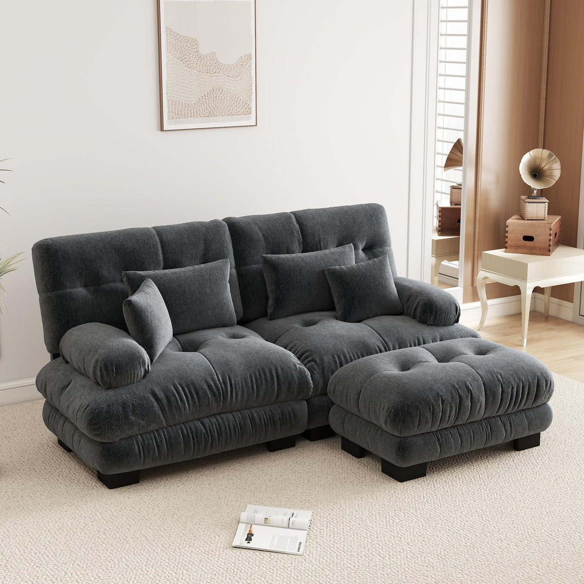 Velvet Modular Sectional Sofa,130" W Oversized U Shape Cloud Couch with 2 Ottomans,Free Combined 3 Seater Comfy Sofa with Bolster Armrest Pillows,Green for Living Room