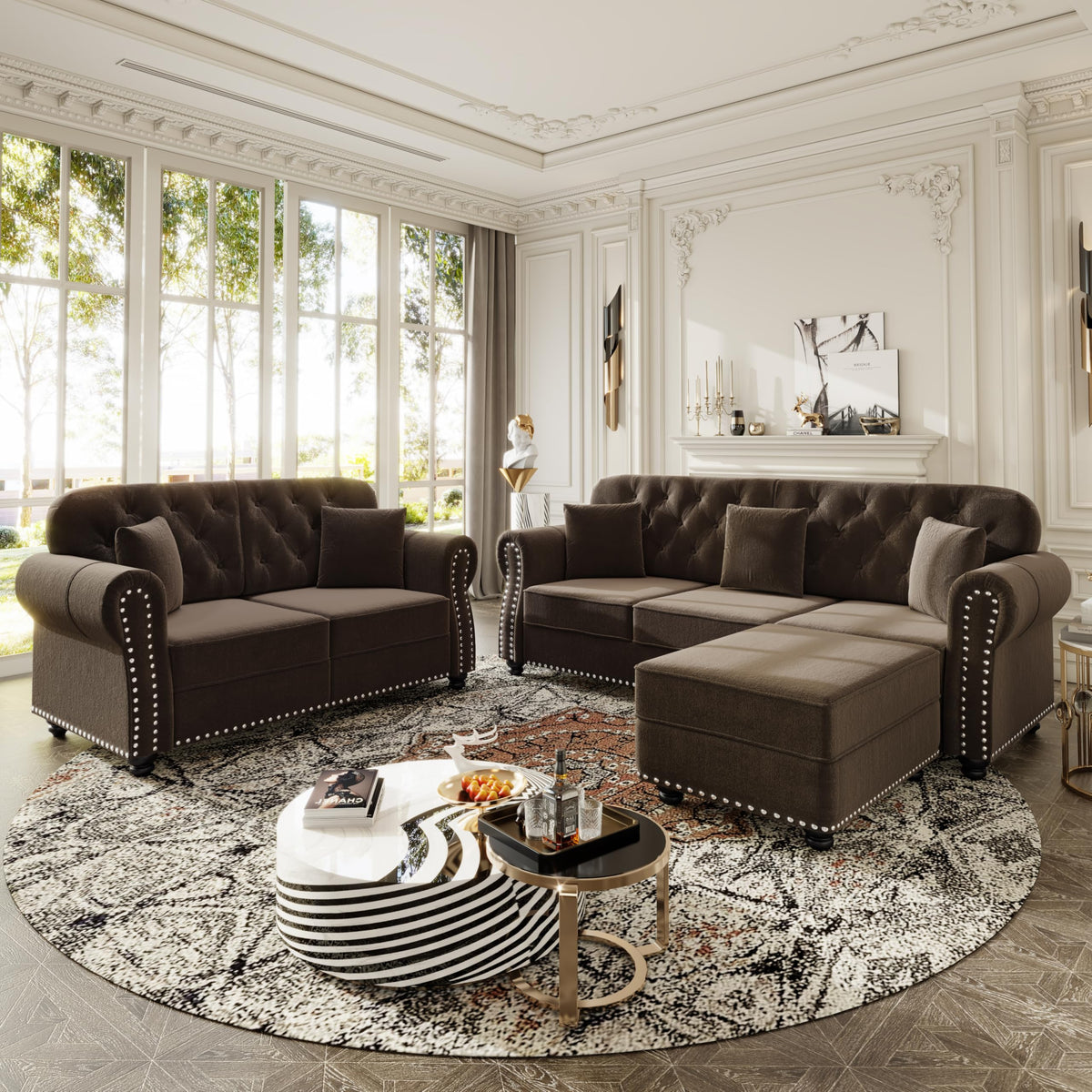 Velvet Chesterfield Sofa with Rolled Arms & Nailhead Trim, Modular Sectional Sofa Couches, Modern Cloud Sofa with Button Tufted, for Living Room, Bedroom, Small Space