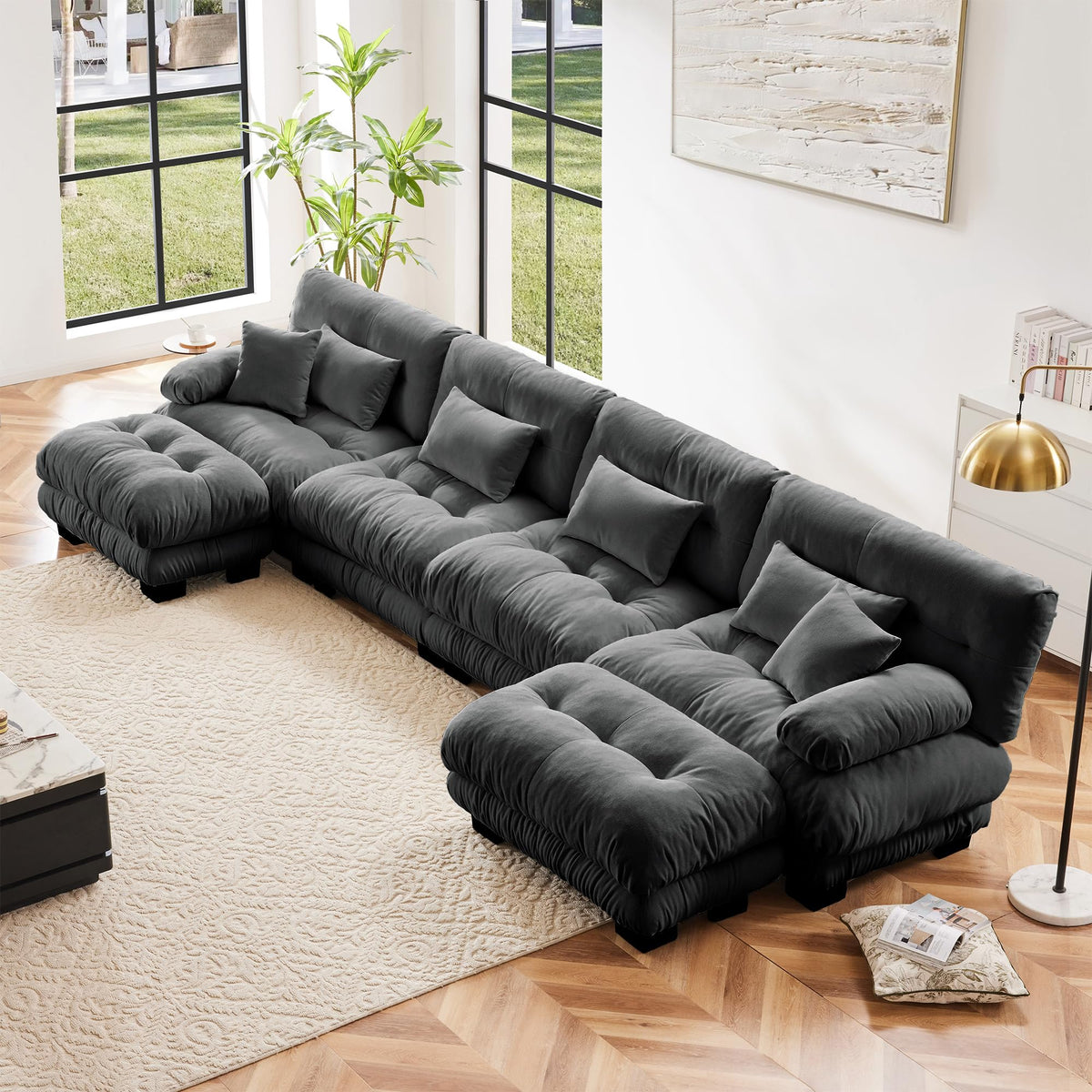 130" Modular Sectional Sofa,Velvet Upholstered Couches for Living Room,3 Seater Green Sofa Couch with Movable Ottoman,Big Comfy Loveseat Sofa with Deep Seats for Living Room,Apartment,Bedroom