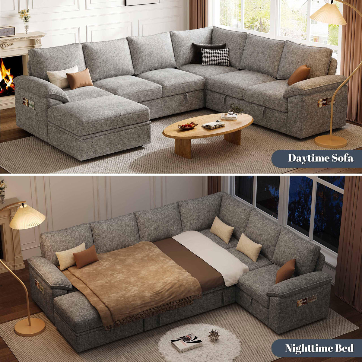 Weture 108" Modular U Shaped Sectional Sofa with Pull Out Sleeper Bed and Storage, 7 Seater Cloud Couch for Living Room, Light Grey