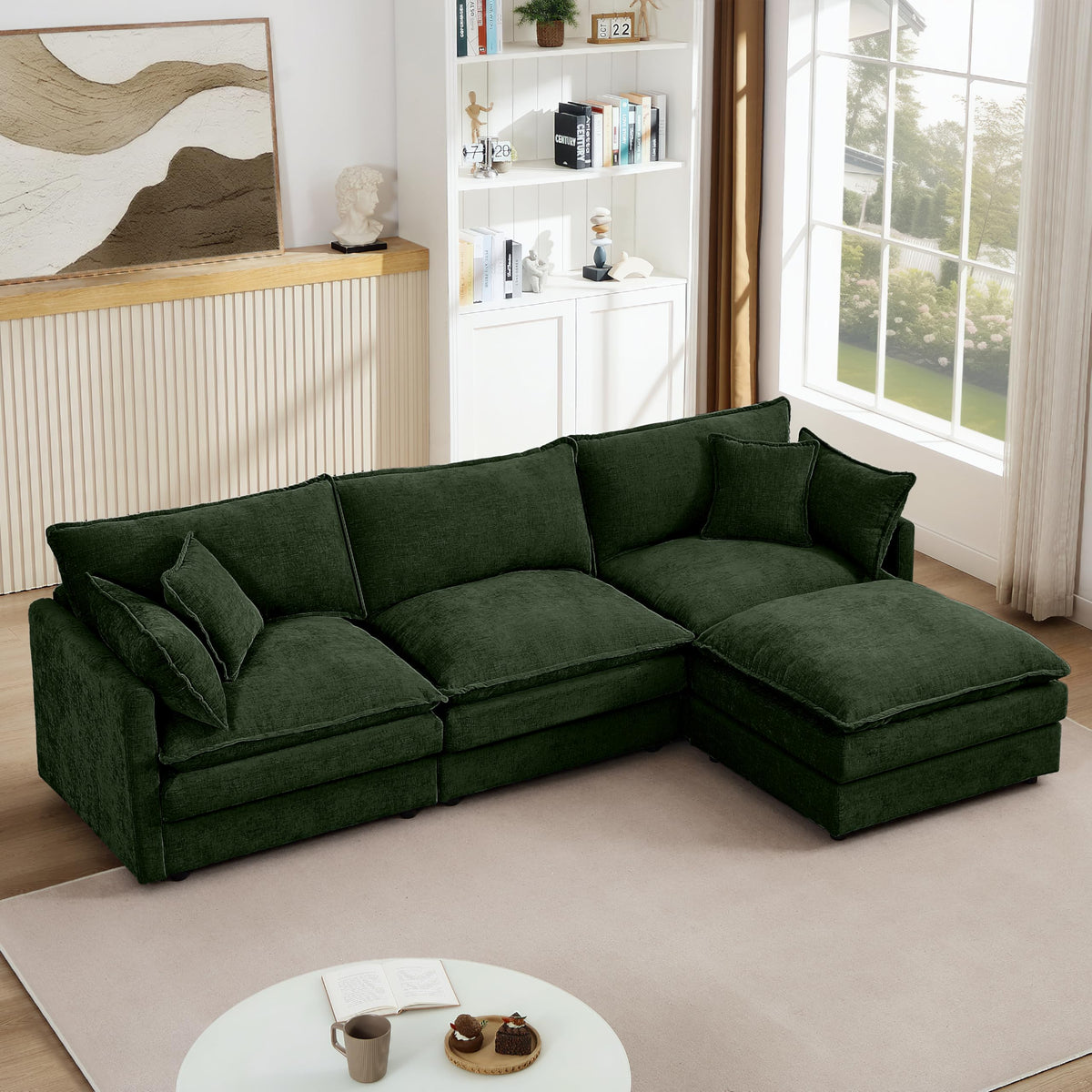 106" U-Shape Modular Sofa w/Ottoman, 4-Seater Chenille Cloud Couch, Coffee