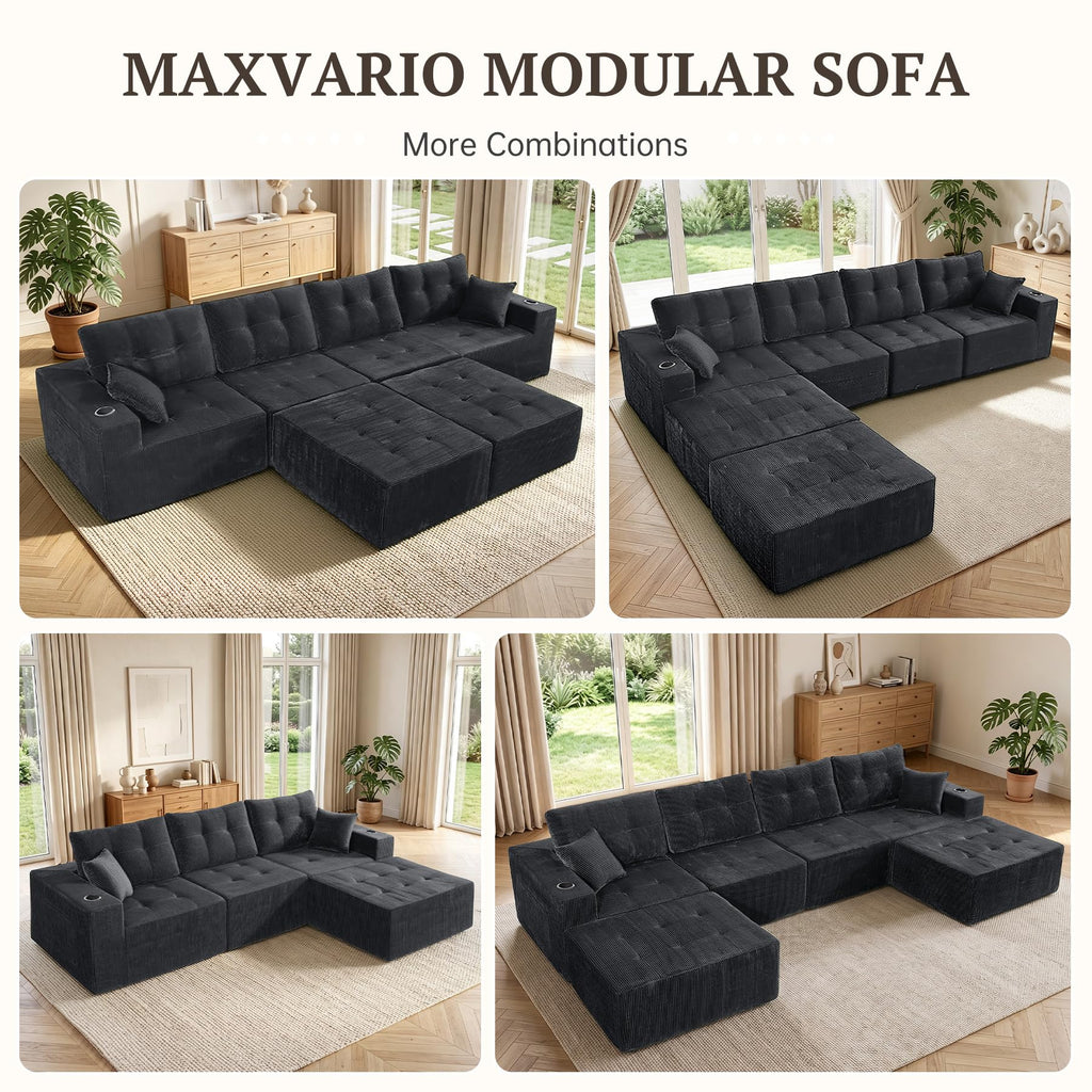 113" Boneless Modular Sectional Sofa, L-Shape Couch, 4-Seat Gray Corduroy