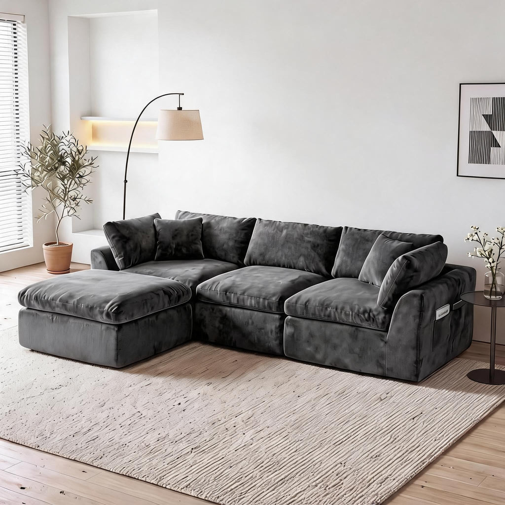 110" Cloud Sectional Couches for Living Room, Dark Gray Chenille Sofa