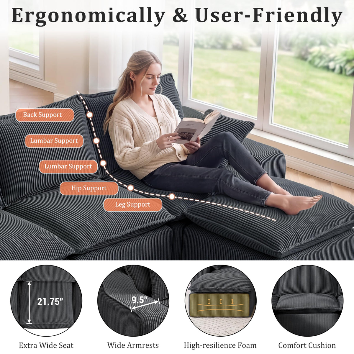 Vipbear 137" Modular Cloud Couch, No Assembly, Memory Boneless Sectional Sofa with Ottomans & Deeper Seat, Corduroy U-Shaped Comfy Modular Sofa for Living Room, Grey