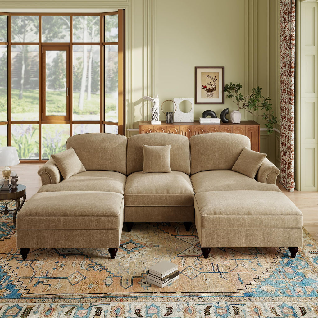 107'' Modern Sectional Sofa, Upholstered U-Shaped Couch with Removable Ruffles Pleats Skirts, Silver Chenille Cloud Couch, Ottoman, Flared Arms, 4-Seat Couches for Living Room, Bedroom, Camel