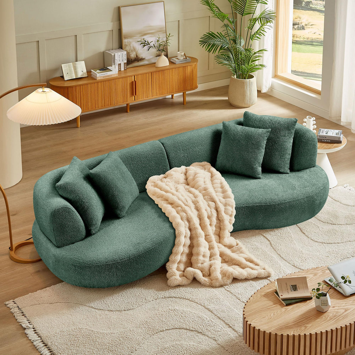 102.36" Cream White Curved Boucle Sofa, 4 Seater Deep Cloud Couch