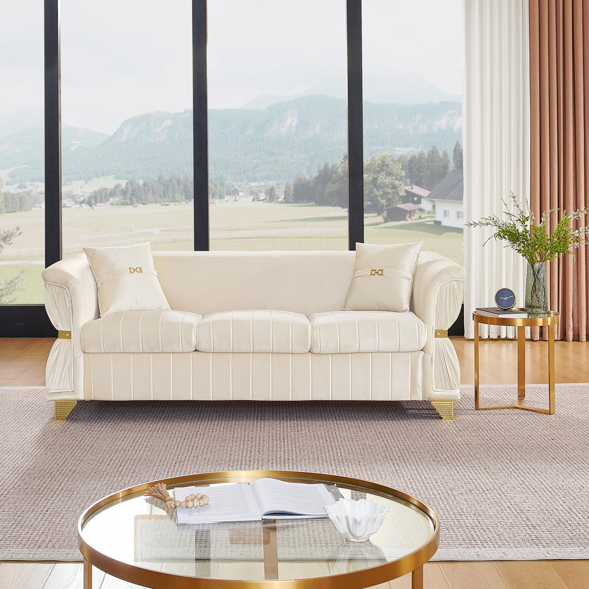 WinJoy 2 Piece Set Modern Velvet Three Seater and Two Seater Sofa Upholstered Luxury Couch with 4 Pillows Gold Metal Trim Tapered Gold Legs & Curved Armrests for Living Room Beige