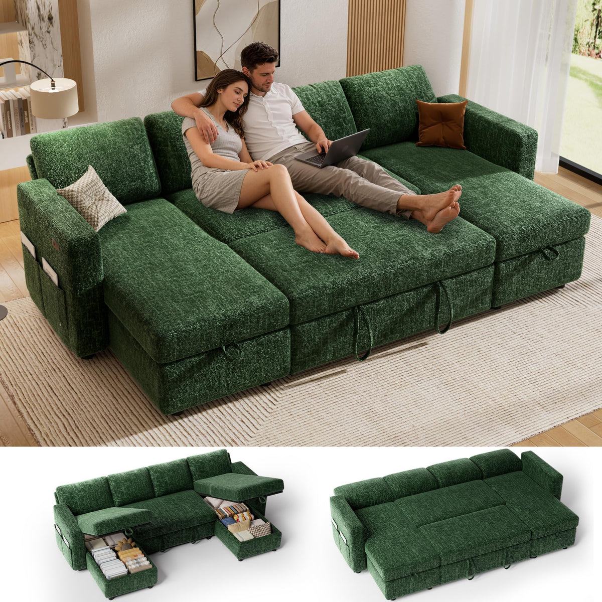 Vipbear 106" Sectional Sleeper Sofa with Pull Out Bed, U Shaped Couch Sleeper Sofa Bed, Pull Out Couch with Reclining Backrest, Double Storage Chaise, USB Ports, Tool-Free Assembly, Chenille Grey