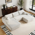 107" Plush Corduroy Deep Seat Chaise Lounge Indoo, Modern Boneless Compressed Floor Sectional Sofa with High-Resilience Foam, Free Combination Modular Cloud Sectional Sofa for Living Room, White