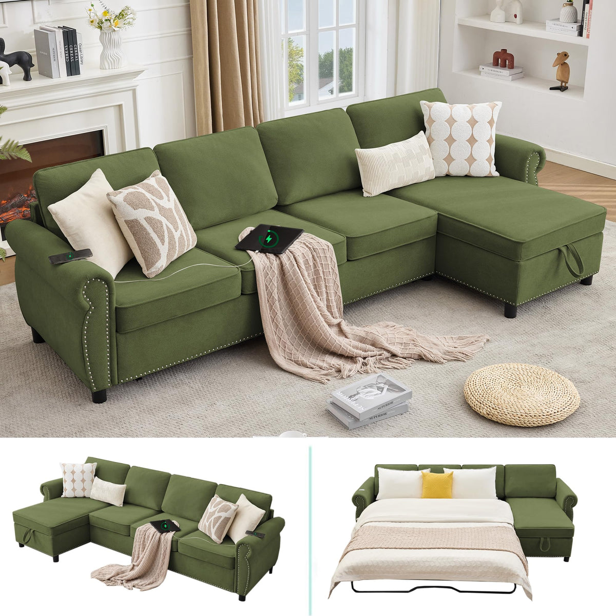 106.5" Pull Out Sofa Bed,L Shaped Modular 4 Seater Couch,2-in-1 Sofa Bed,Wireless Charging, USB Charging Ports,Memory Foam Mattress,Storage Space (Green)