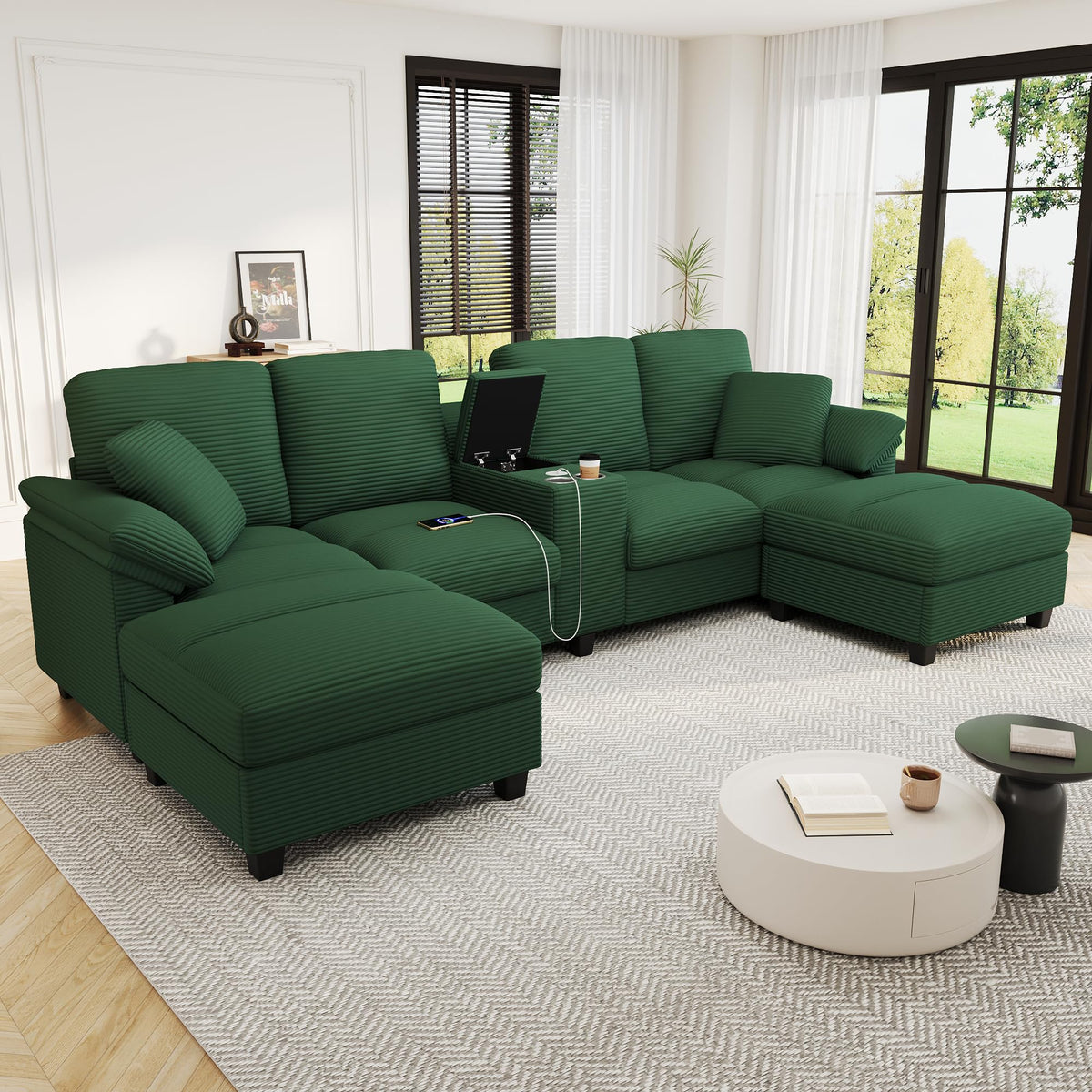 U Shaped Sofa 116.9" Sectional Sofa Corduroy Upholstered Sofa Couch with Storage Ottomans, Cup Holders and USB Ports for Living Room, Green