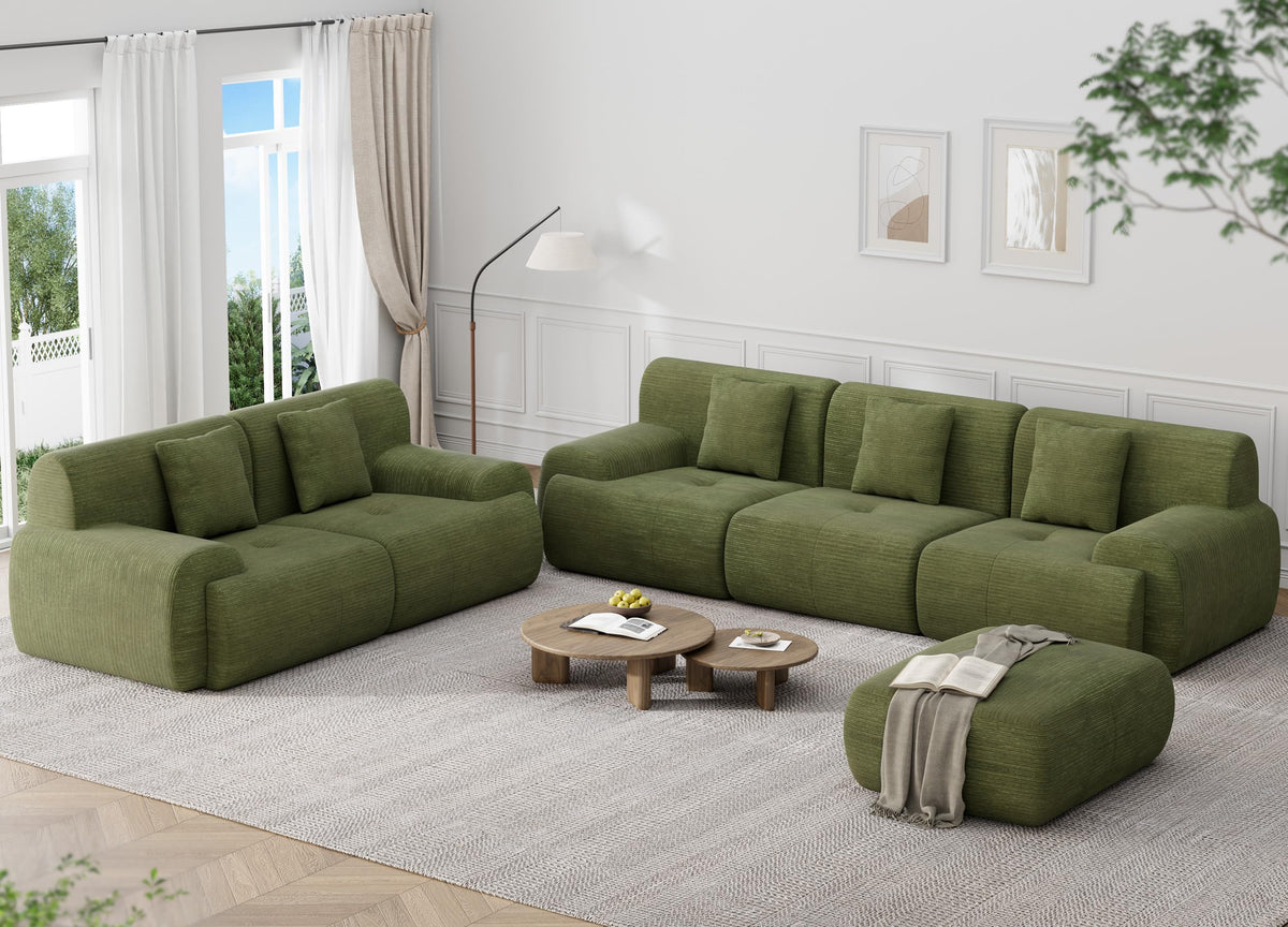 U Shaped Sectional Couch, Modular Cloud Couch Sofa, Boneless Sectional Sofa with Corduroy Fabric, Large Couches for Living Room,Green