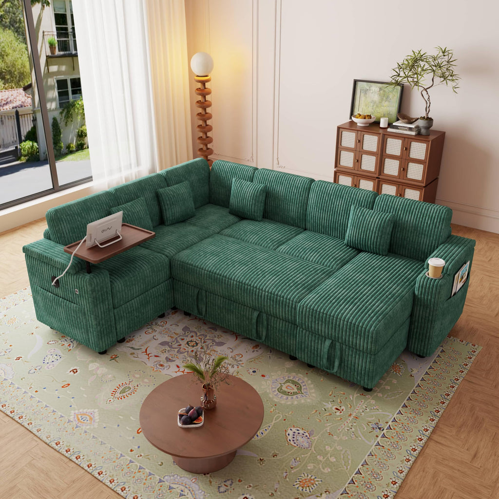 100" Modular Sectional Sleeper Sofa with Pull Out Bed/Side Table/USB Charging/Storage Chaise, Comfy Convertible Cloud Couch, U Shaped 7 Seat Corduroy Sofa with Cup Holders,Green