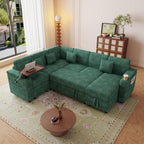 100" Modular Sectional Sleeper Sofa with Pull Out Bed/Side Table/USB Charging/Storage Chaise, Comfy Convertible Cloud Couch, U Shaped 7 Seat Corduroy Sofa with Cup Holders,Green