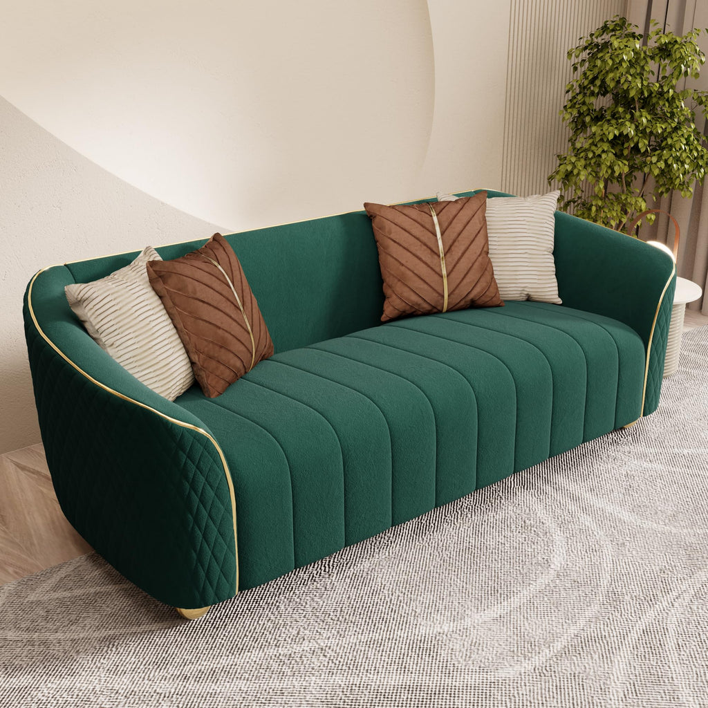 1-Piece Luxury Velvet Sofa Set for Living Room, Elegant Design Couch Set with Curved Armrests and Gold Edge Trim, Tufted Upholstered Couch with Gold Metal Legs (Green, 3 Seater)