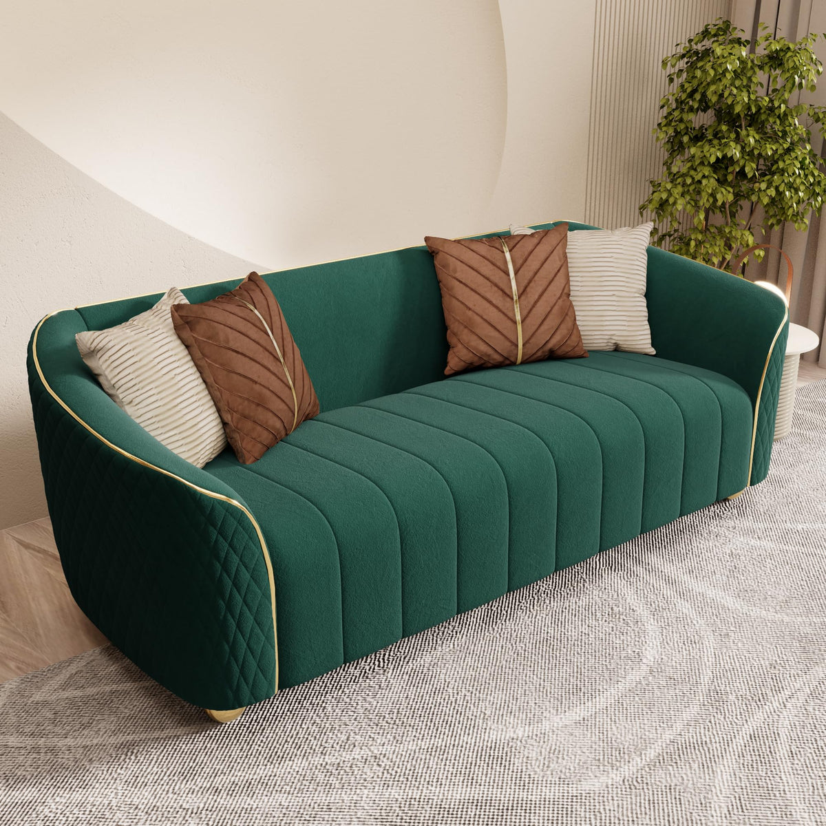 1-Piece Luxury Velvet Sofa Set for Living Room, Elegant Design Couch Set with Curved Armrests and Gold Edge Trim, Tufted Upholstered Couch with Gold Metal Legs (Green, 3 Seater)