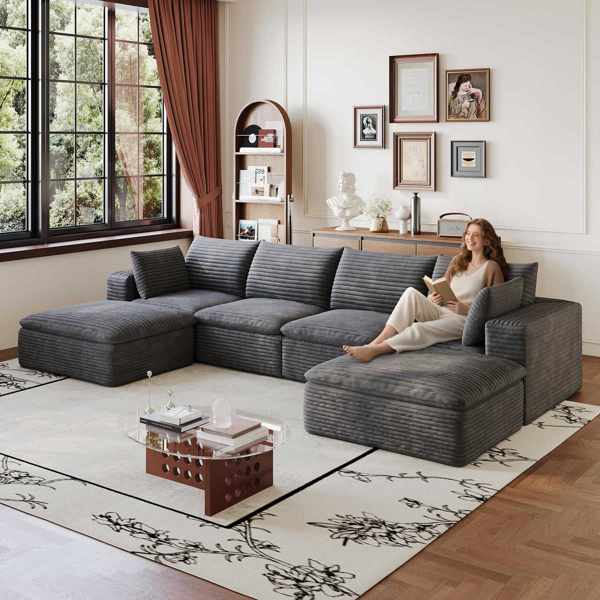 102" Oversized Boneless Modular Sectional Sofa Cloud Couch with 3 Ottomans Convertible Sleeper Sofa Bed for Living Room - No Assembly Floor Compression Sofa with Memory Foam and Deep Seat