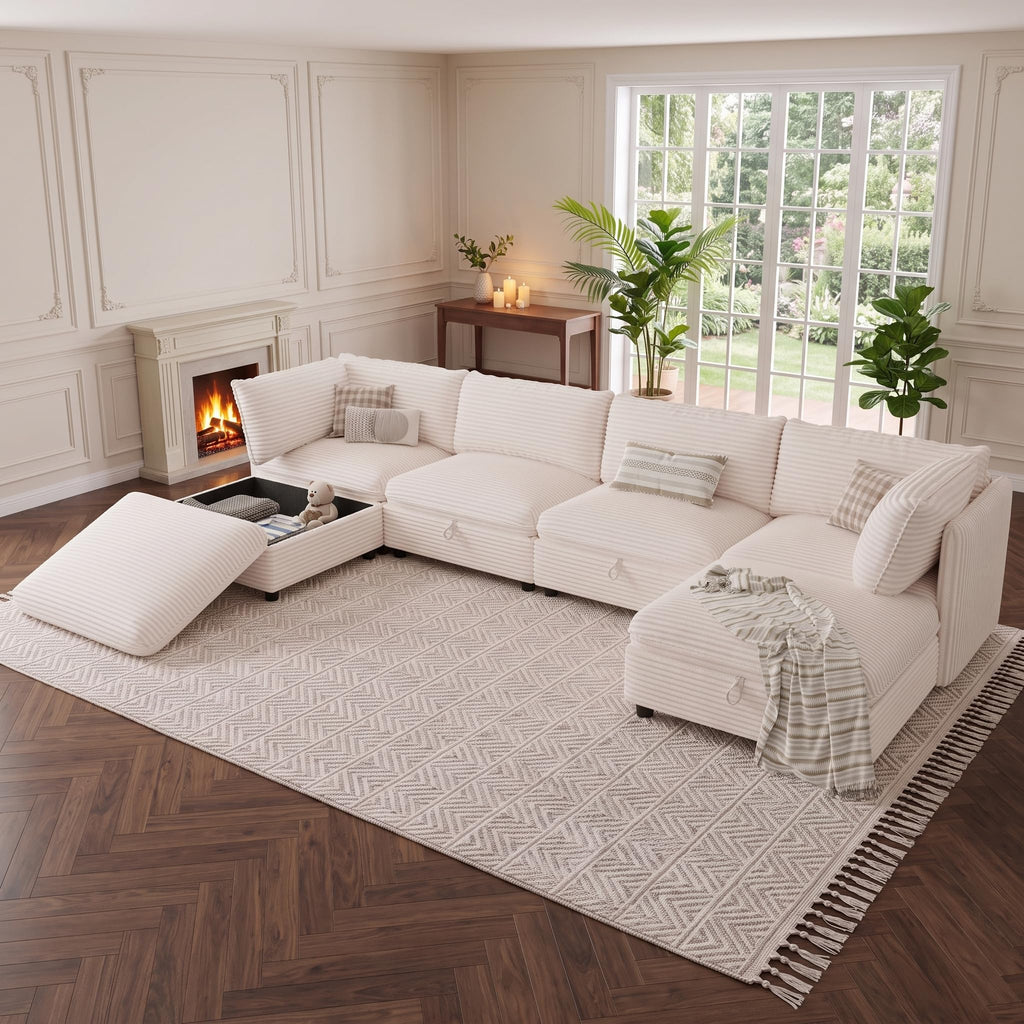 125" Modular Sectional Sofa with Under-Seat Storage, 6-Seater, White