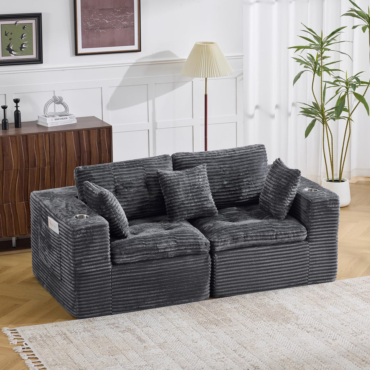 108.08" Boneless Sectional Couch, Modern U Shaped Modular Sectional Sofa Corduroy Upholstered for Living Room Oversized Deep Seat Cloud Couch with 2 Ottoman, No Assembly, Black