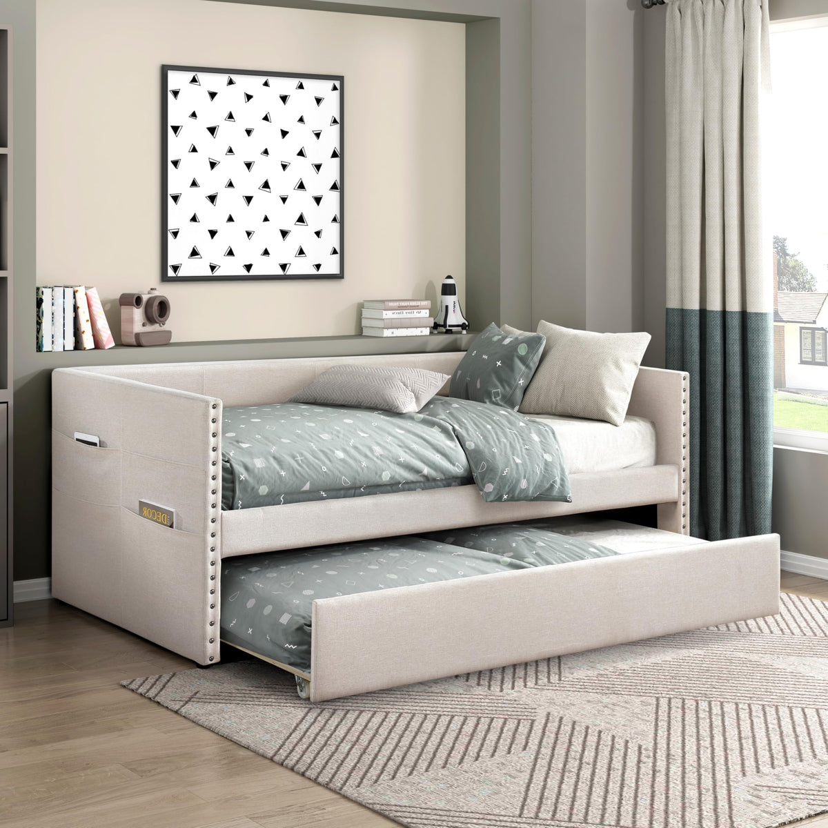 Versatile Daybed with Pull-Out Trundle, Textured Fabric Upholstery