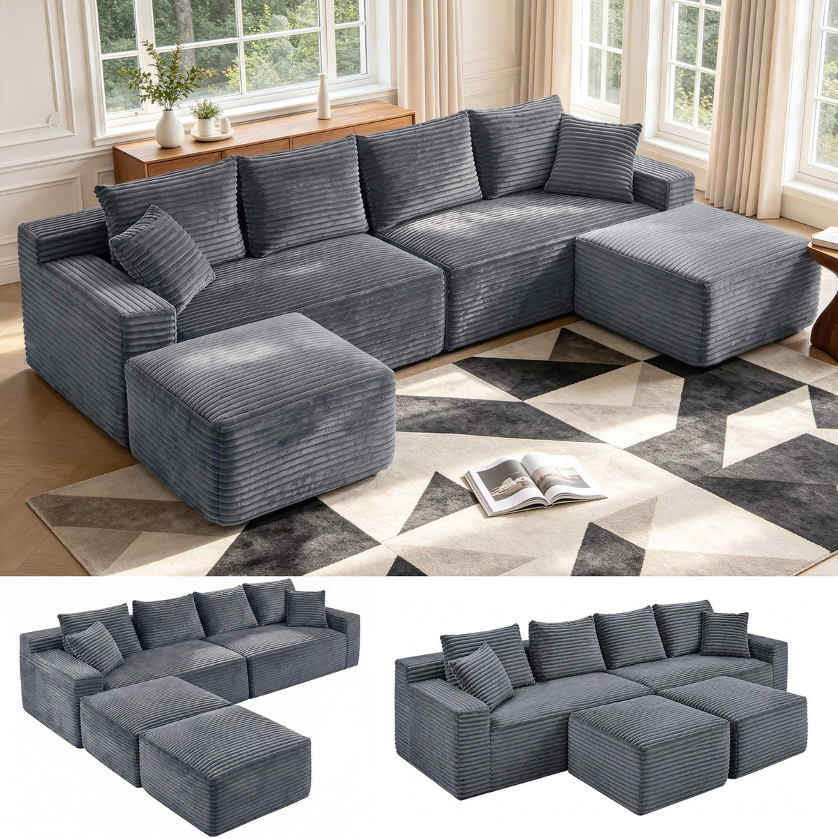 127” U-Shaped Cloud Sectional Couch for Living Room, Modern Boneless Corduroy Sofa with Chaise ‌and Console, Include 2 Cup Holders, Storage Space and USB Ports, No Assembly Required, Black